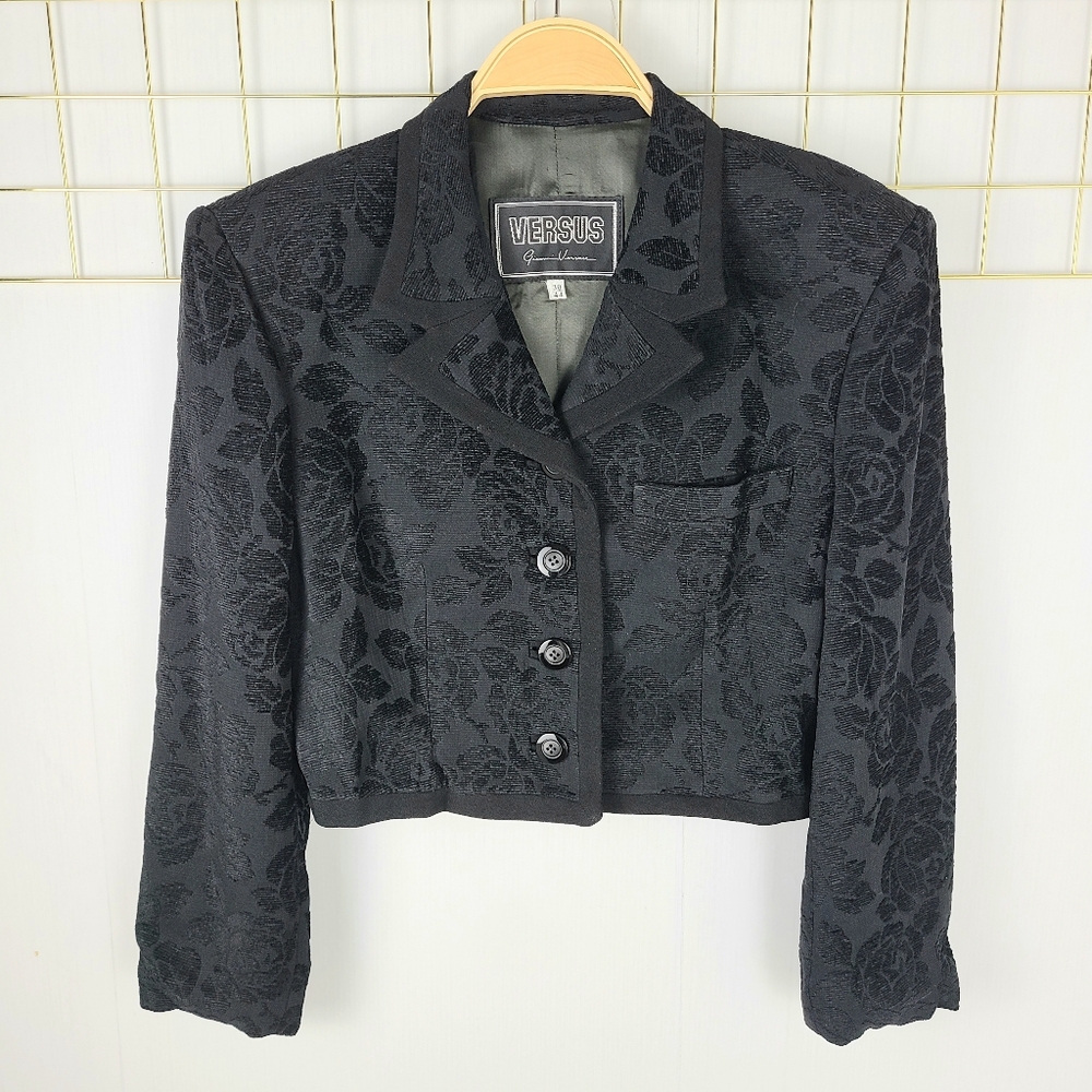 Versus Gianni Versace Y2K Dark Floral Rose Jacquard Vintage Crop Blazer Jacket